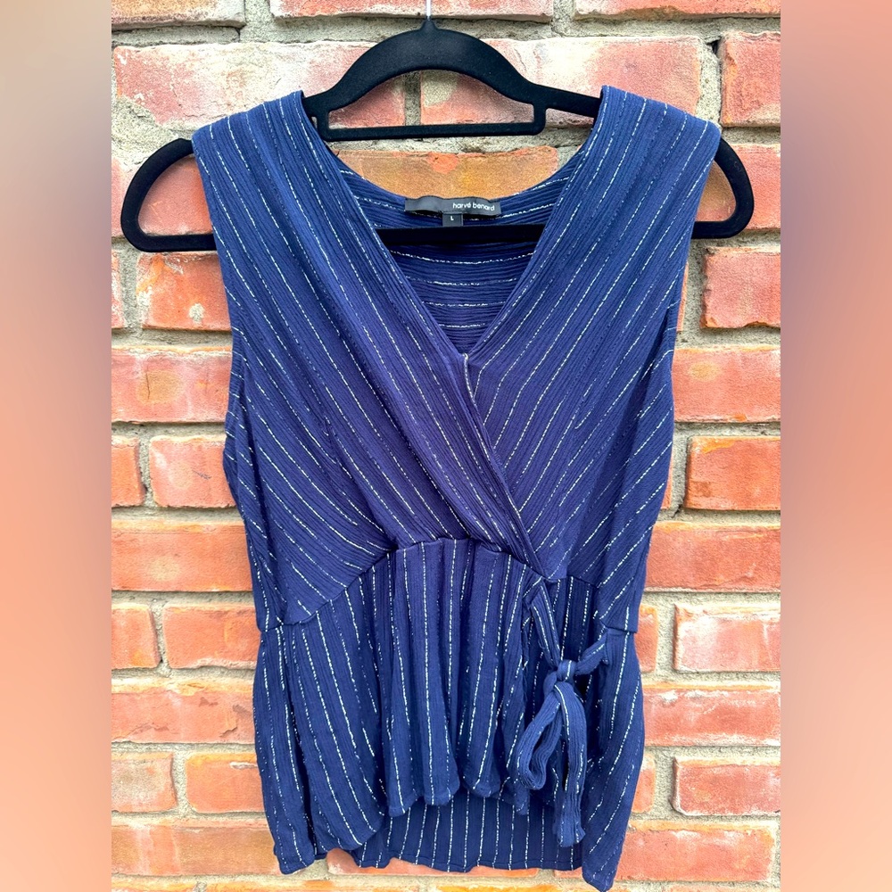 Harve Bernard sleeveless top navy blue silver blouse shirt top EUC